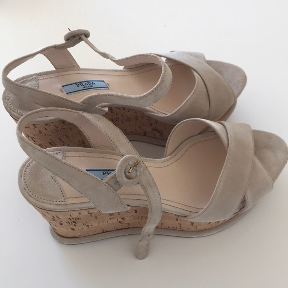 Prada Tan Suede Cork Wedges